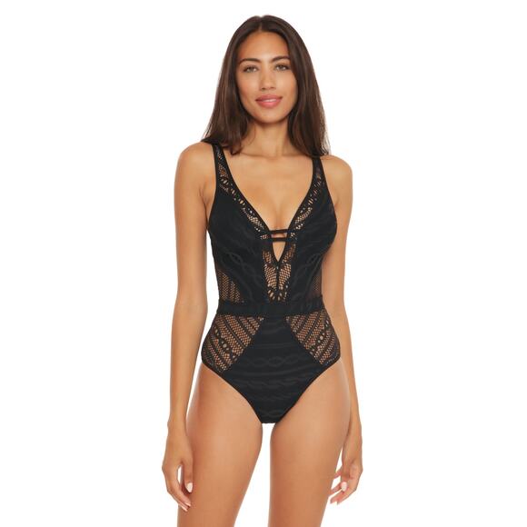 Becca Color Play Plunge Black Lace Open Back One Piece Swimsuit Size Medium - Picture 1 of 12